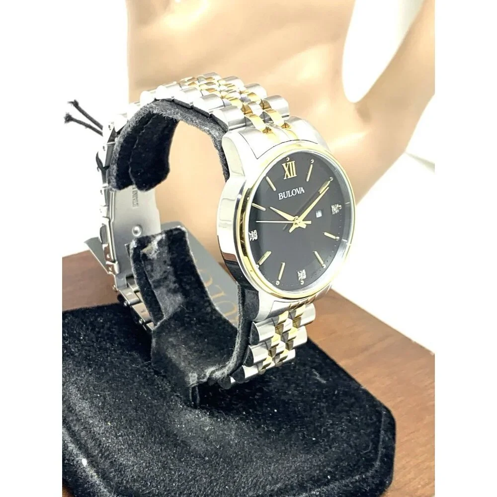 Bulova Women's Watch 98P198 Black Dial Diamond Quartz Two Tone Stainless Steel